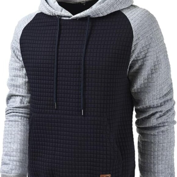 Men's Plaid Patchwork Jacquard Hoodie Sweatshirt | Casual Long Sleeve Pullover w - Picture 5 of 12